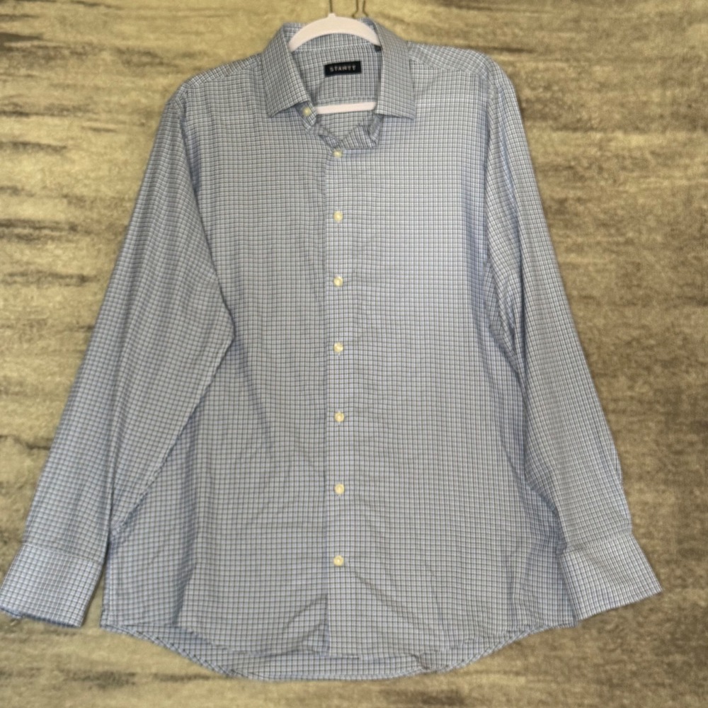 STANTT Men's Dress Shirt 16.5 34/35 Blue Plaid Check Long Sleeve Button Down
